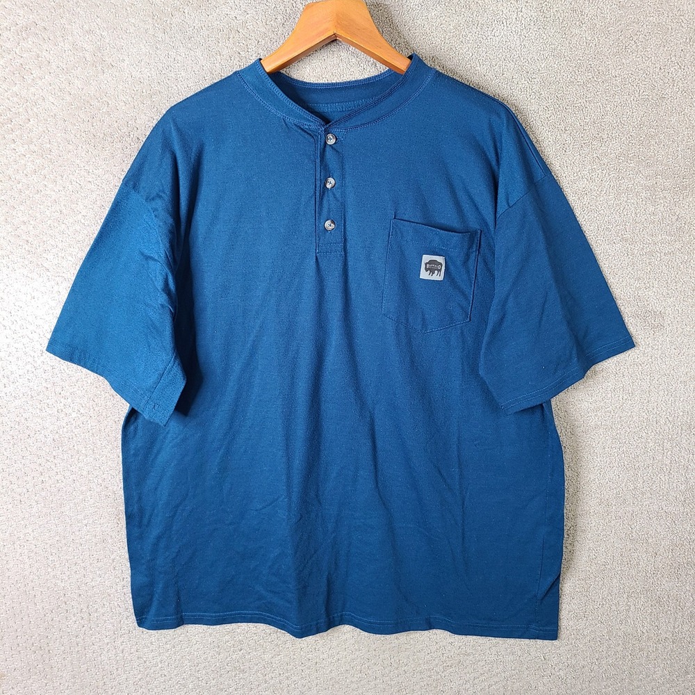 Buffalo Outdoors Shirt Mens 2XL Blue Henley Short Sleeve Pocket Cotton Casual